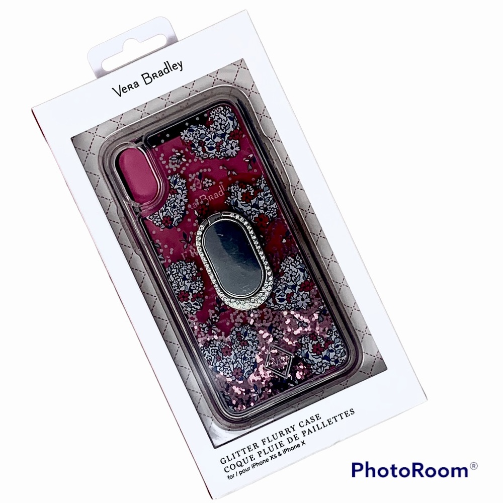 Vera Bradley Transparent Glitter Flurry IPhone Case w/Rhinestone Ring X/XS